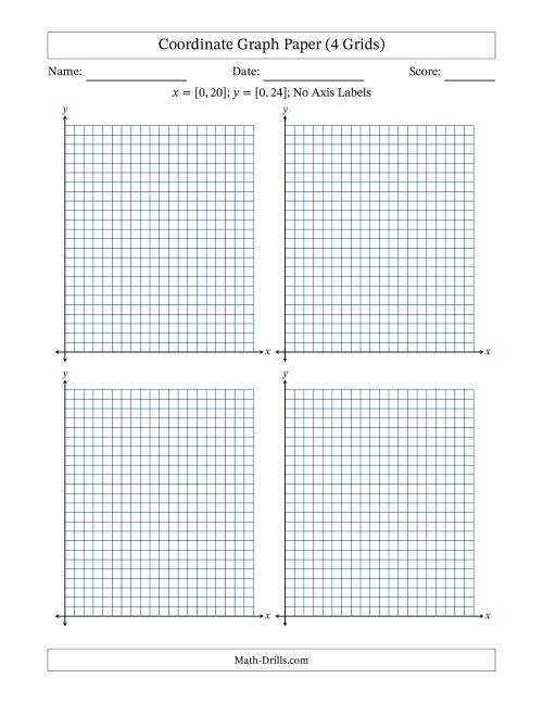 The Quadrant I Coordinate Graph Paper <i>x</i> = [0,20]; <i>y</i> = [0,24] (4 Grids) (No Axis Labels) Math Worksheet