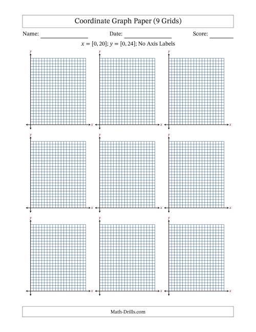 The Quadrant I Coordinate Graph Paper <i>x</i> = [0,20]; <i>y</i> = [0,24] (9 Grids) (No Axis Labels) Math Worksheet