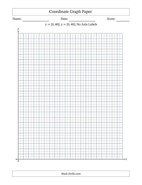 The Quadrant I Coordinate Graph Paper <i>x</i> = [0,40]; <i>y</i> = [0,48] (No Axis Labels) Math Worksheet
