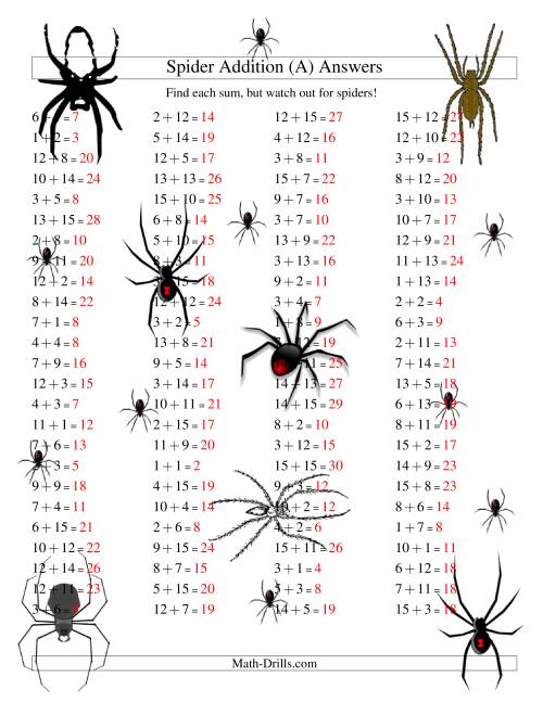 The Spider Addition Facts to 30 (A) Math Worksheet Page 2