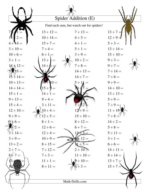 The Spider Addition Facts to 30 (E) Math Worksheet