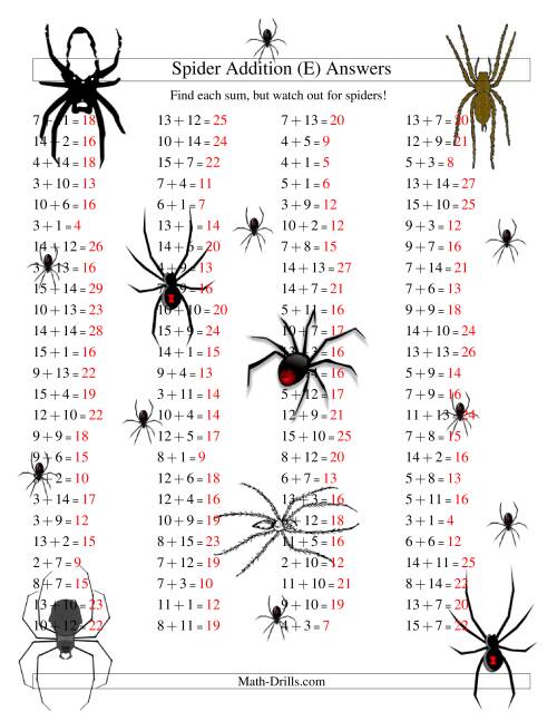 The Spider Addition Facts to 30 (E) Math Worksheet Page 2