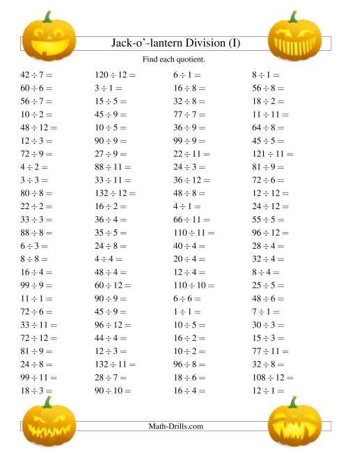 The Jack-o-Lantern Division Facts to 144 (I) Math Worksheet