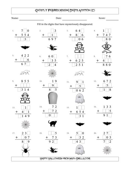 The Ghostly Figures Missing Digits Addition (Easier Version) (C) Math Worksheet
