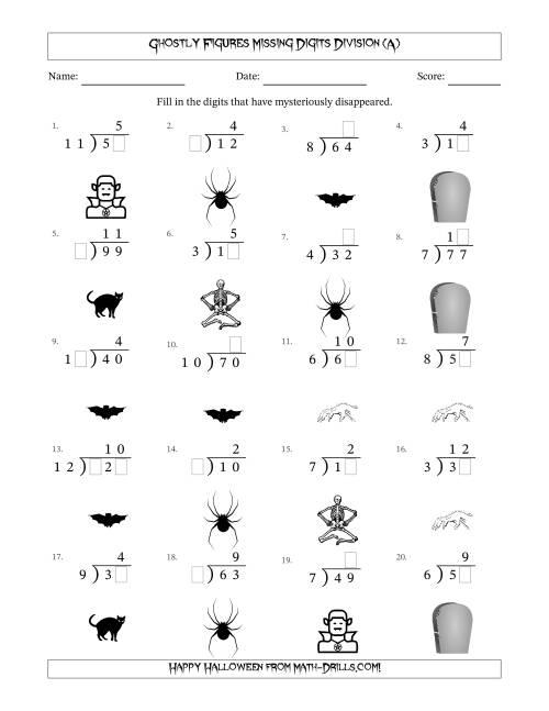 The Ghostly Figures Missing Digits Division (Easier Version) (A) Math Worksheet