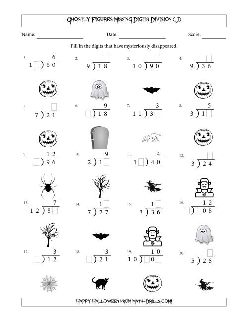 The Ghostly Figures Missing Digits Division (Easier Version) (J) Math Worksheet