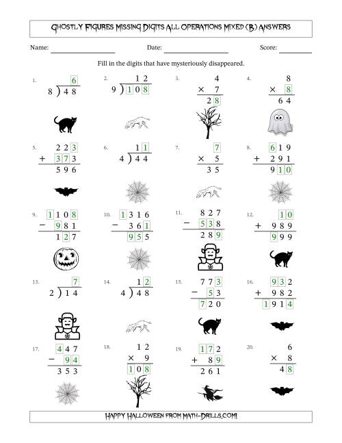 The Ghostly Figures Missing Digits All Operations Mixed (Easier Version) (B) Math Worksheet Page 2