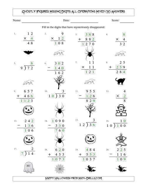The Ghostly Figures Missing Digits All Operations Mixed (Easier Version) (H) Math Worksheet Page 2