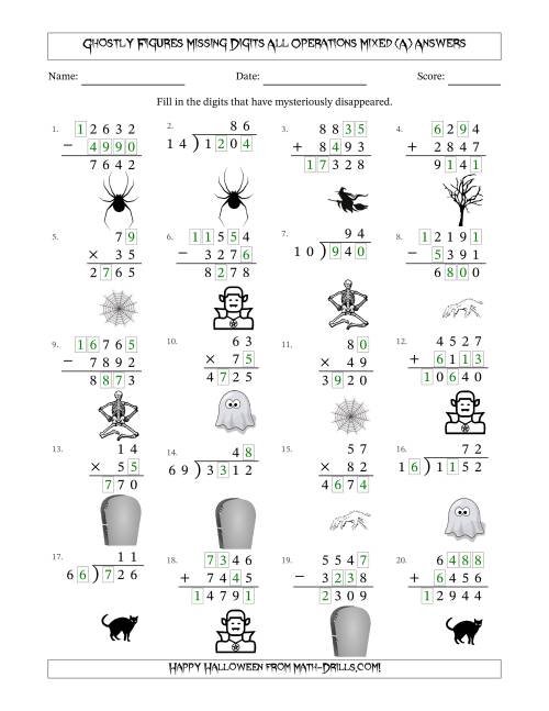 The Ghostly Figures Missing Digits All Operations Mixed (Harder Version) (A) Math Worksheet Page 2
