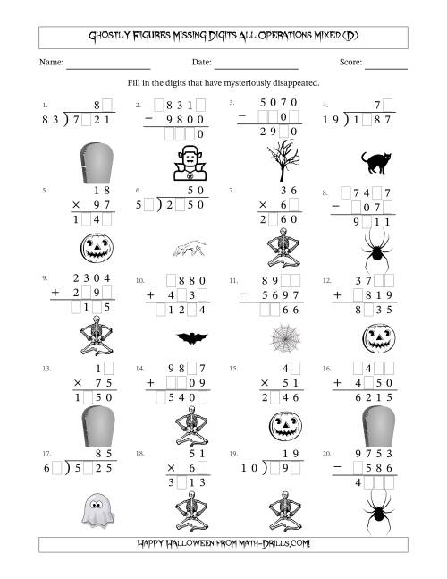 The Ghostly Figures Missing Digits All Operations Mixed (Harder Version) (D) Math Worksheet