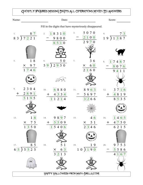 The Ghostly Figures Missing Digits All Operations Mixed (Harder Version) (D) Math Worksheet Page 2