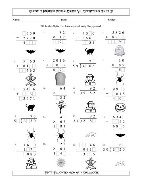The Ghostly Figures Missing Digits All Operations Mixed (Harder Version) (I) Math Worksheet