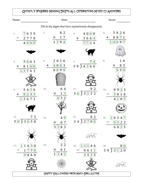 The Ghostly Figures Missing Digits All Operations Mixed (Harder Version) (I) Math Worksheet Page 2