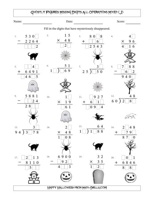 The Ghostly Figures Missing Digits All Operations Mixed (Harder Version) (J) Math Worksheet
