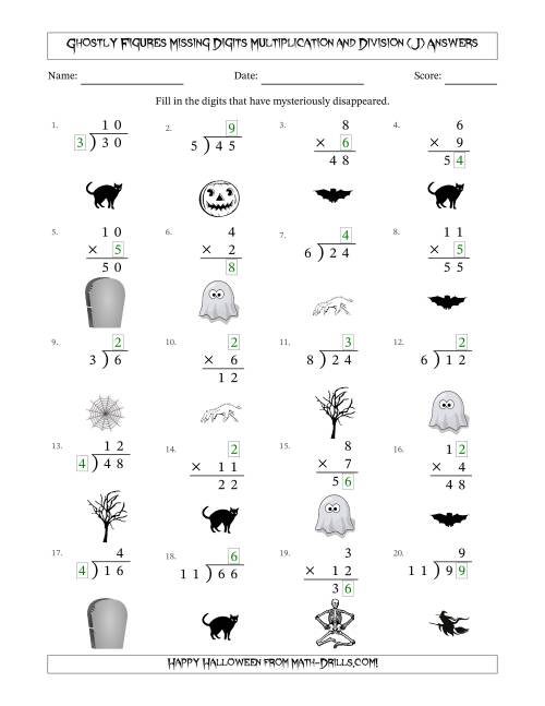 The Ghostly Figures Missing Digits Multiplication and Division (Easier Version) (J) Math Worksheet Page 2