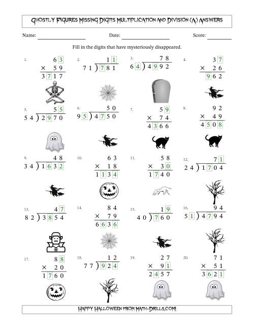 The Ghostly Figures Missing Digits Multiplication and Division (Harder Version) (A) Math Worksheet Page 2