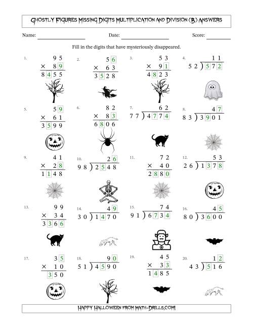 The Ghostly Figures Missing Digits Multiplication and Division (Harder Version) (B) Math Worksheet Page 2