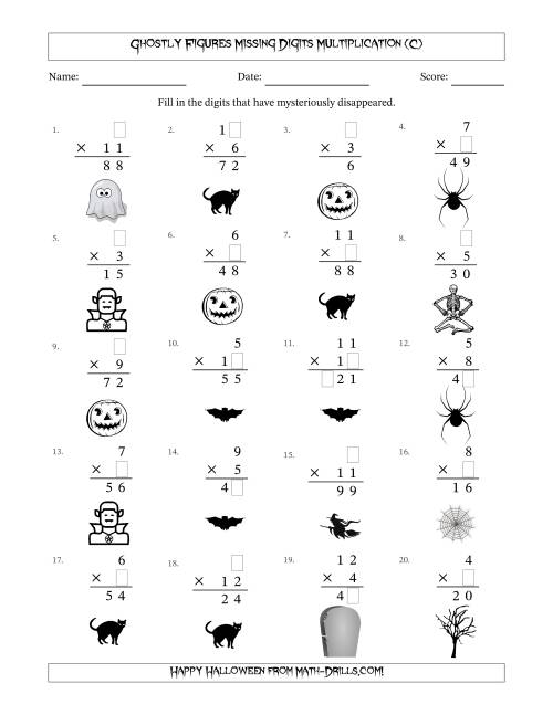 The Ghostly Figures Missing Digits Multiplication (Easier Version) (C) Math Worksheet