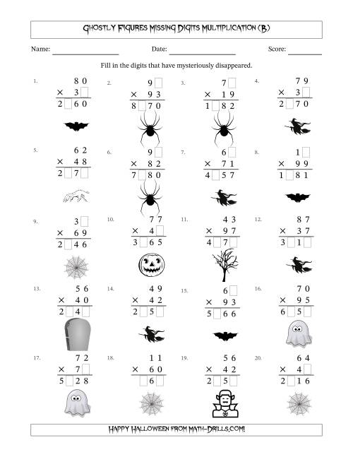 The Ghostly Figures Missing Digits Multiplication (Harder Version) (B) Math Worksheet