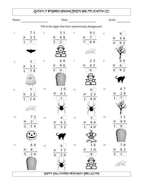 The Ghostly Figures Missing Digits Multiplication (Harder Version) (C) Math Worksheet