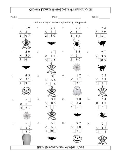 The Ghostly Figures Missing Digits Multiplication (Harder Version) (I) Math Worksheet