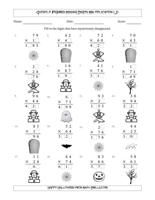 The Ghostly Figures Missing Digits Multiplication (Harder Version) (J) Math Worksheet
