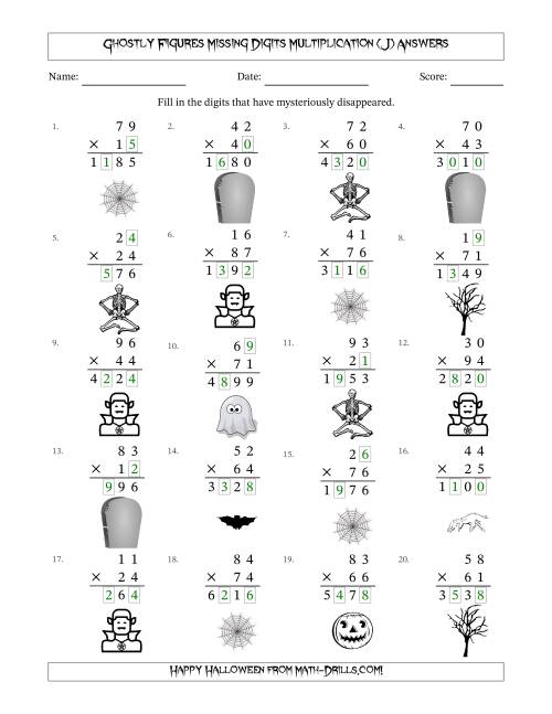 The Ghostly Figures Missing Digits Multiplication (Harder Version) (J) Math Worksheet Page 2