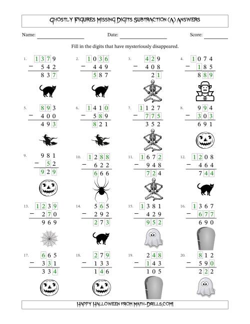 The Ghostly Figures Missing Digits Subtraction (Easier Version) (A) Math Worksheet Page 2