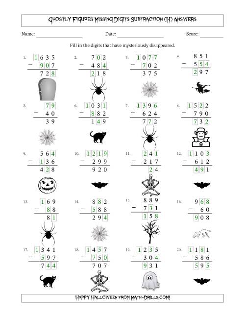The Ghostly Figures Missing Digits Subtraction (Easier Version) (H) Math Worksheet Page 2