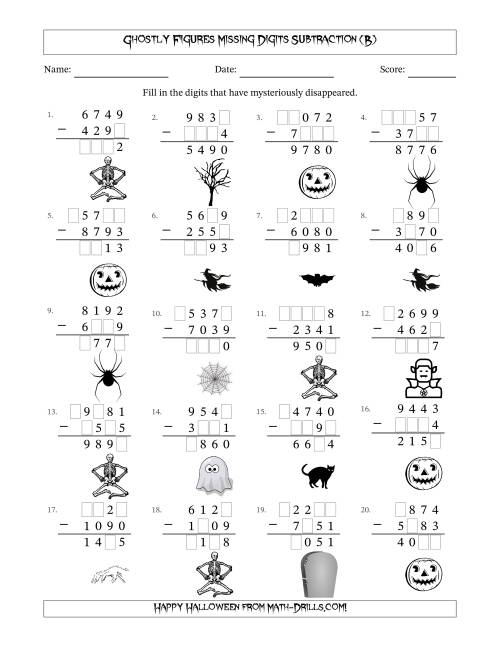The Ghostly Figures Missing Digits Subtraction (Harder Version) (B) Math Worksheet