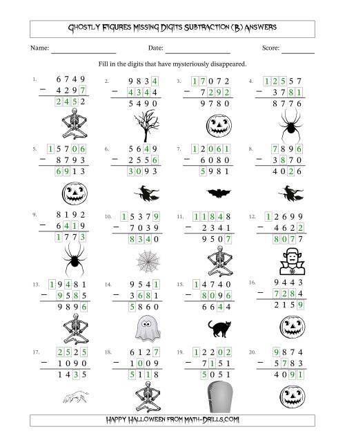 The Ghostly Figures Missing Digits Subtraction (Harder Version) (B) Math Worksheet Page 2