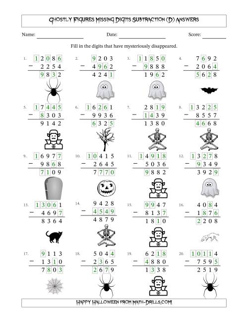 The Ghostly Figures Missing Digits Subtraction (Harder Version) (D) Math Worksheet Page 2