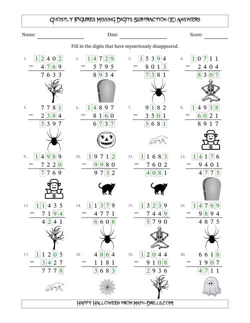 The Ghostly Figures Missing Digits Subtraction (Harder Version) (E) Math Worksheet Page 2