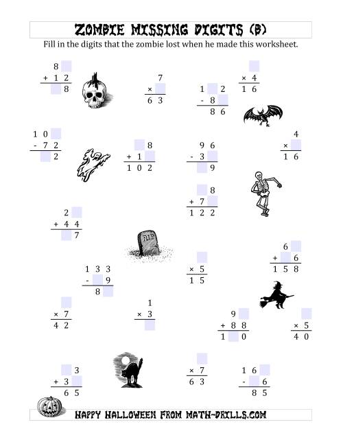 The Zombie Missing Digits (B) Math Worksheet