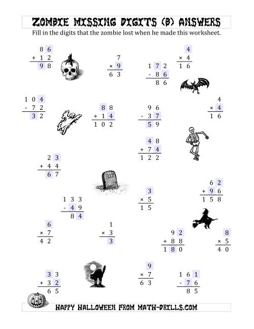 The Zombie Missing Digits (B) Math Worksheet Page 2