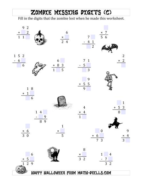 The Zombie Missing Digits (C) Math Worksheet
