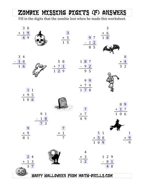 The Zombie Missing Digits (F) Math Worksheet Page 2