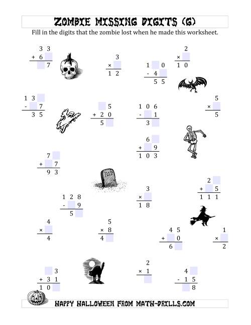 The Zombie Missing Digits (G) Math Worksheet