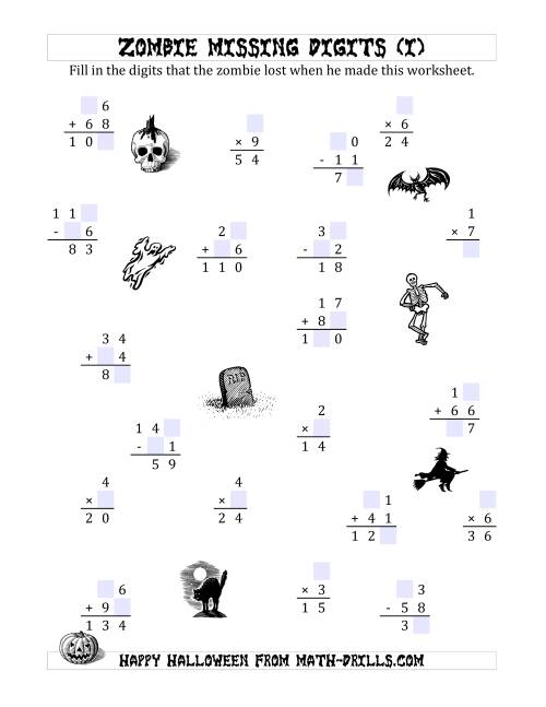 The Zombie Missing Digits (I) Math Worksheet