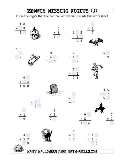 The Zombie Missing Digits (J) Math Worksheet