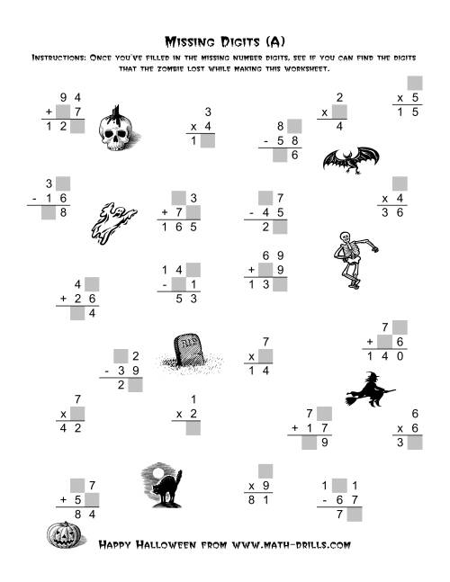 The Zombie Missing Digits (Old) Math Worksheet