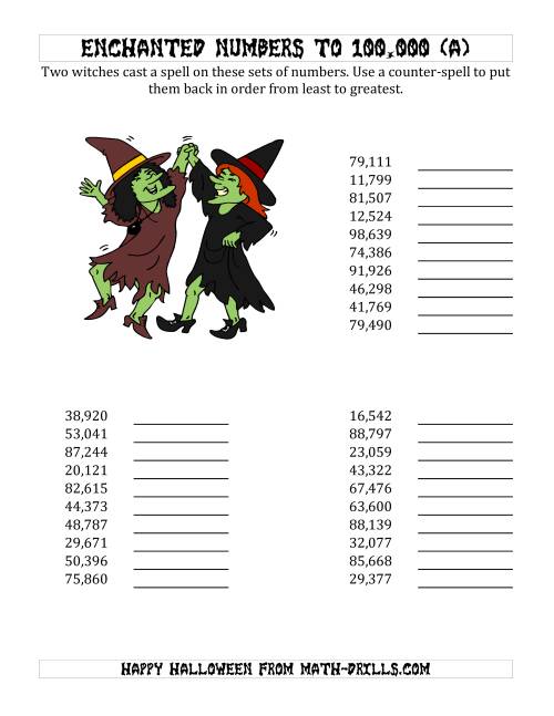 The Ordering Halloween Witches' Enchanted Numbers to 100,000 (A) Math Worksheet