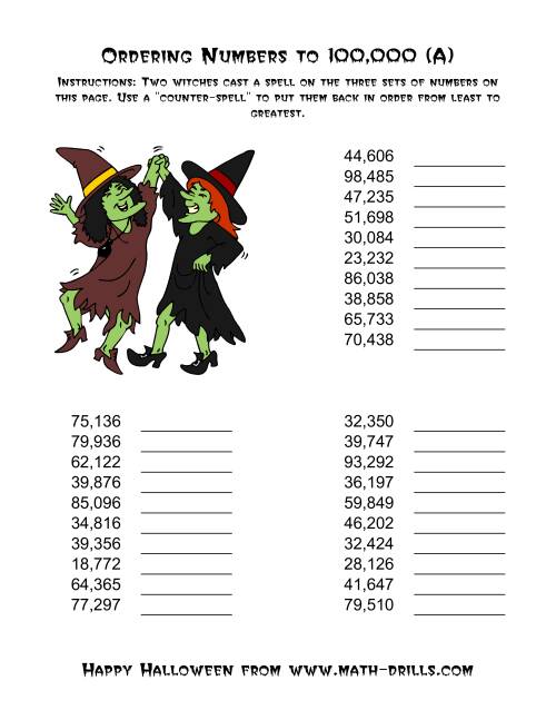 The Ordering Halloween Witches' Enchanted Numbers to 100,000 (Old) Math Worksheet