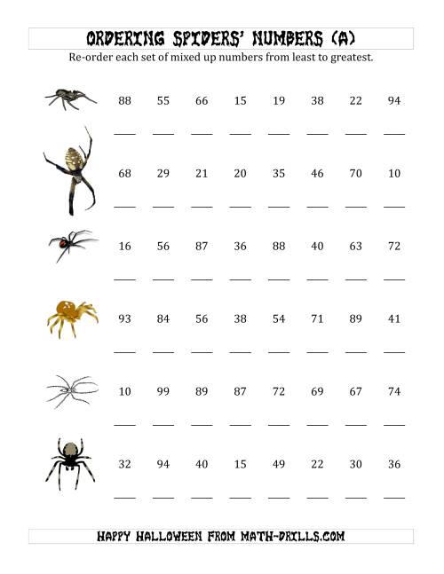 The Ordering Halloween Spiders' Number Sets to 100 (A) Math Worksheet