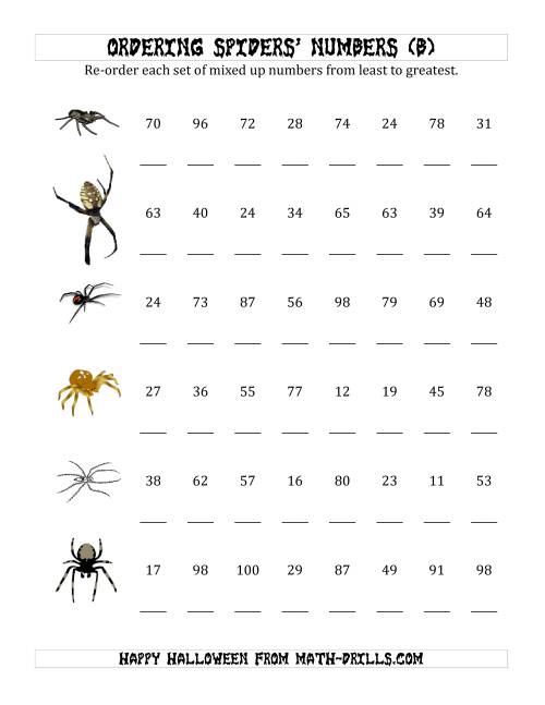 The Ordering Halloween Spiders' Number Sets to 100 (B) Math Worksheet