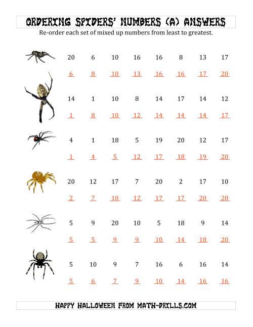 The Ordering Halloween Spiders' Number Sets to 20 (A) Math Worksheet Page 2
