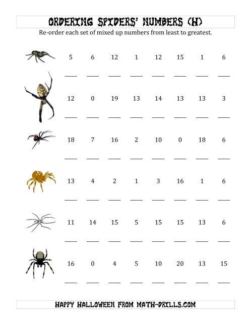 The Ordering Halloween Spiders' Number Sets to 20 (H) Math Worksheet
