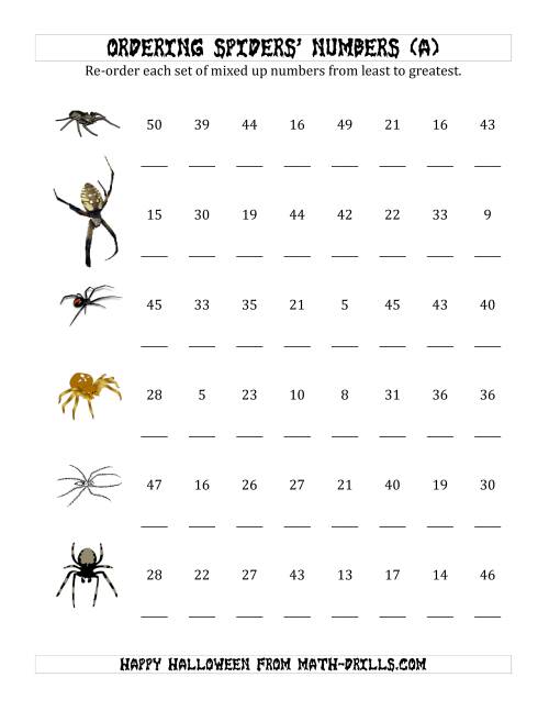 The Ordering Halloween Spiders' Number Sets to 50 (A) Math Worksheet