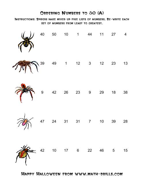 The Ordering Halloween Spiders' Number Sets to 50 (Old) Math Worksheet
