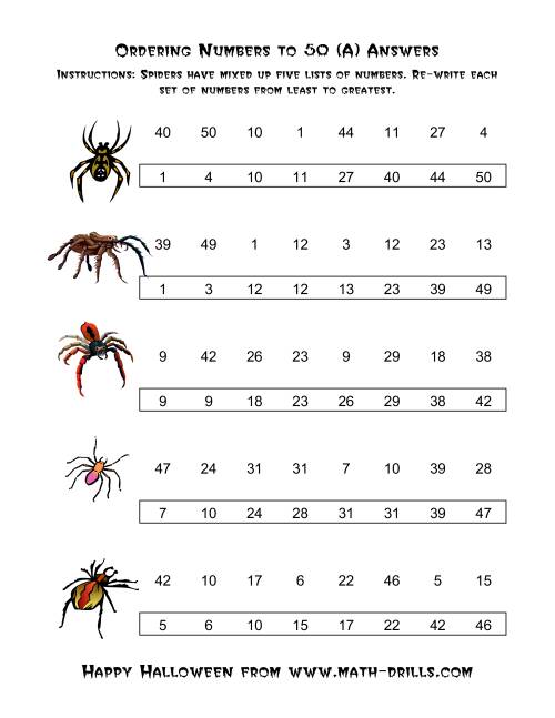 The Ordering Halloween Spiders' Number Sets to 50 (Old) Math Worksheet Page 2